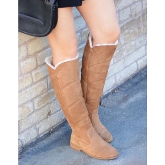 UGG Sibley Knee Tall Sheepskin Lined Suede Camel Brown Boots Women Sz 8.5 - Picture 11 of 14
